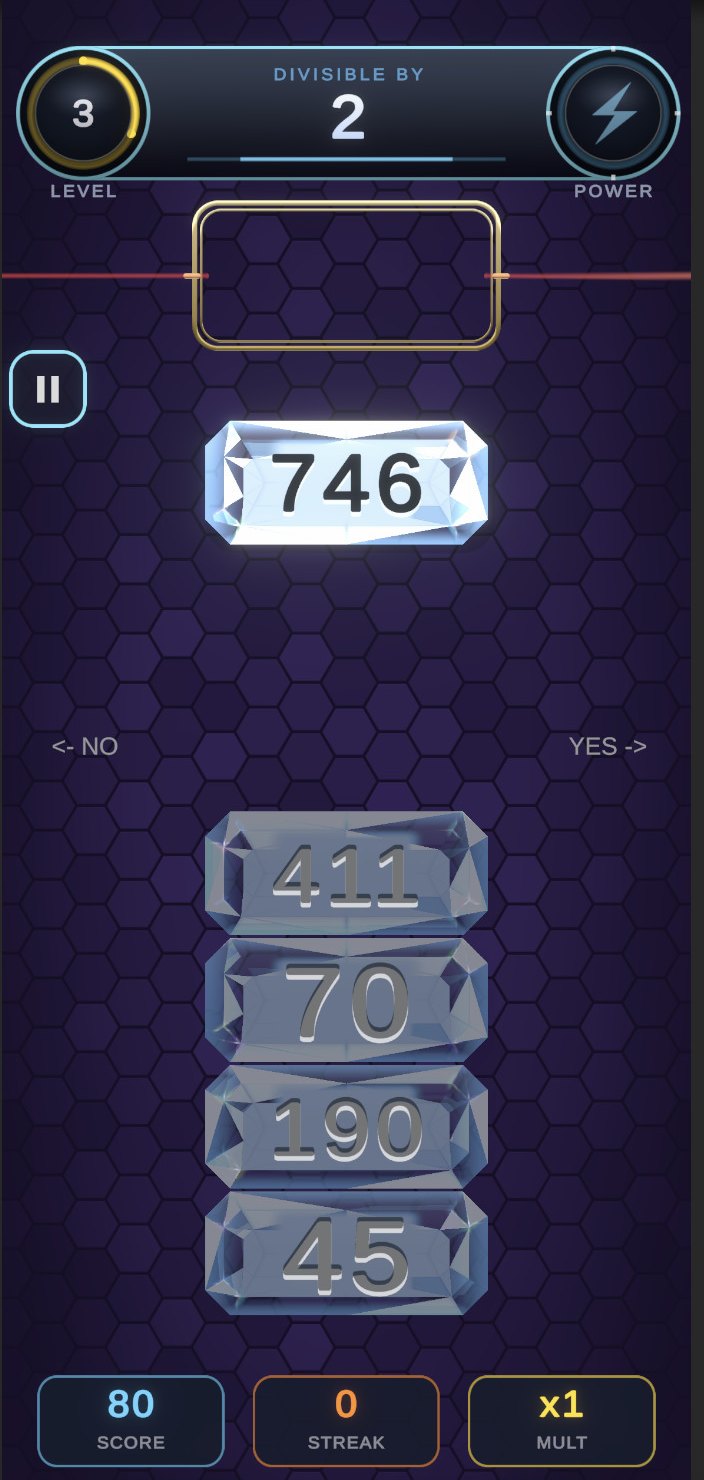 The game on a phone: the rule Divisible by 2 at the top, a number falling, and a stack of numbers below.